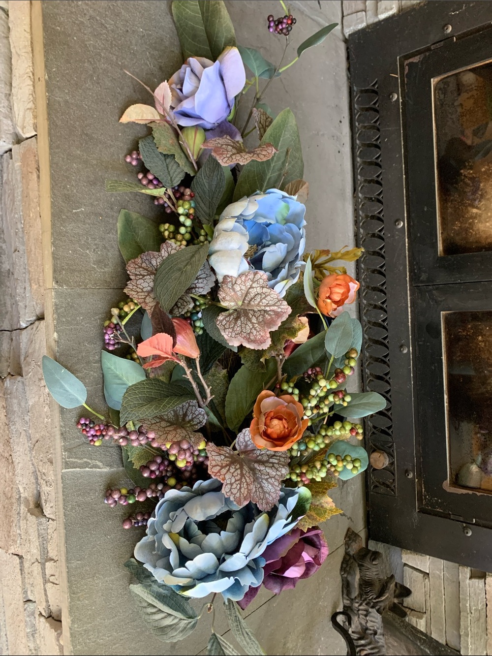 Artificial Floral Swag with Blue, Purple & Orange Blooms